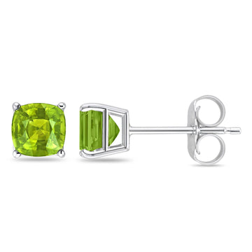 Solitaire Cushion Stud Earrings Simulated Peridot CZ 925 Sterling Silver